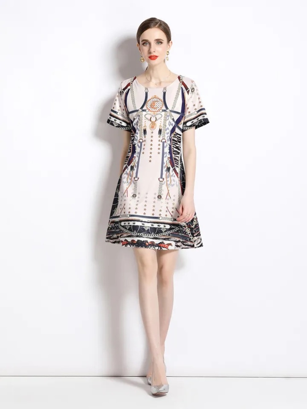 Printed Short Sleeve A-Line Dress in Cream and Navy